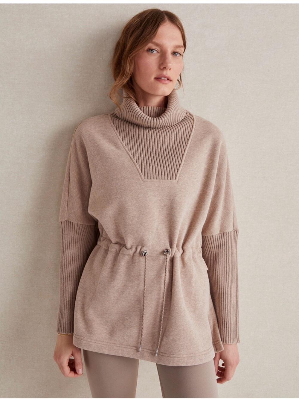 Varley Beige Drawstring Turtleneck Sweater